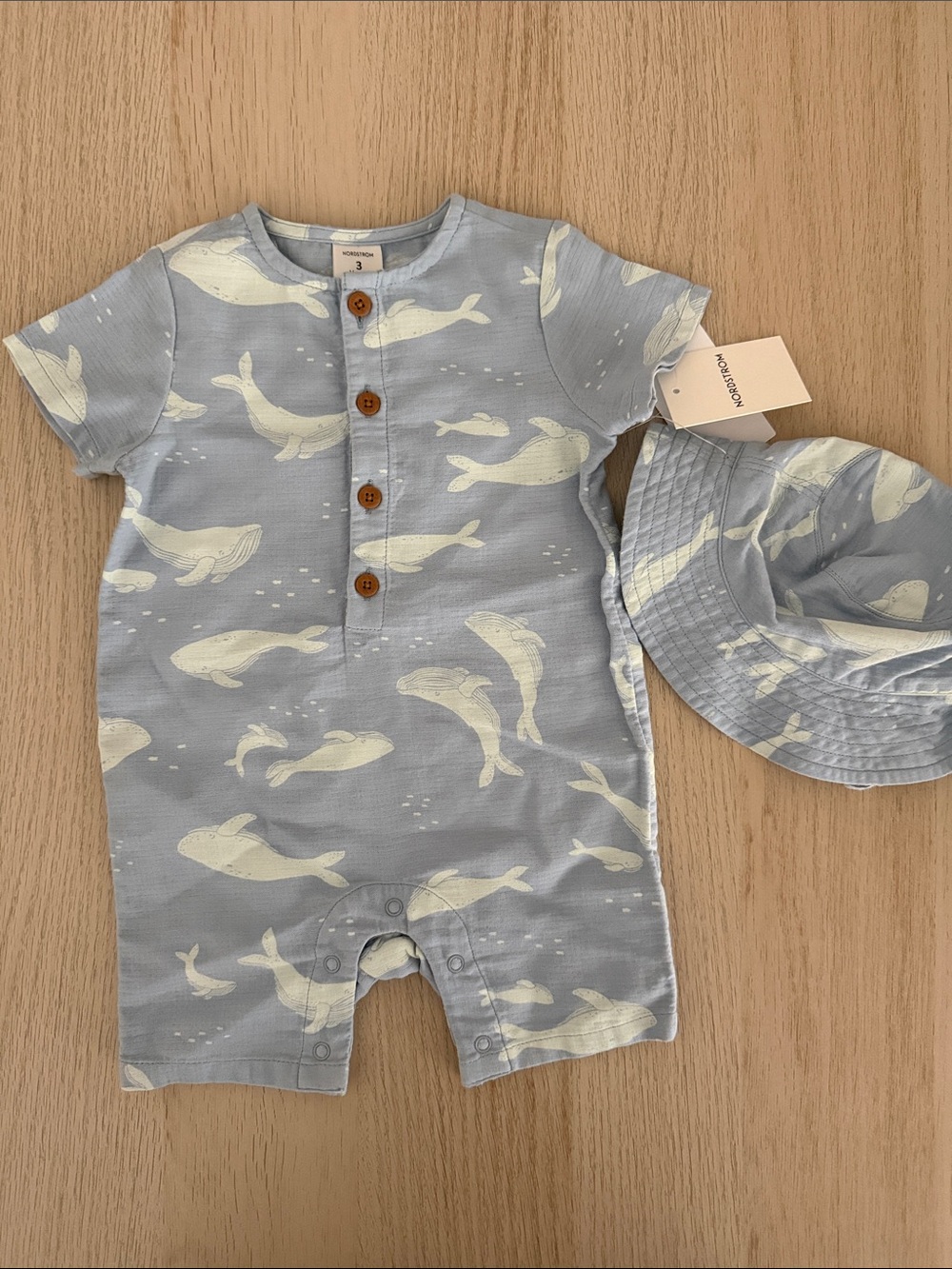 Nordstrom Two piece set Light Blue Whale Print One-Piece with Hat NWT